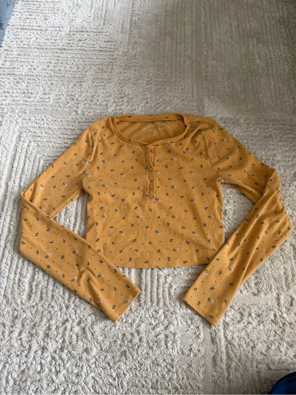 Mustard Ditsy Floral Y2K Coquette Ribbed Henley Long Sleeve Top